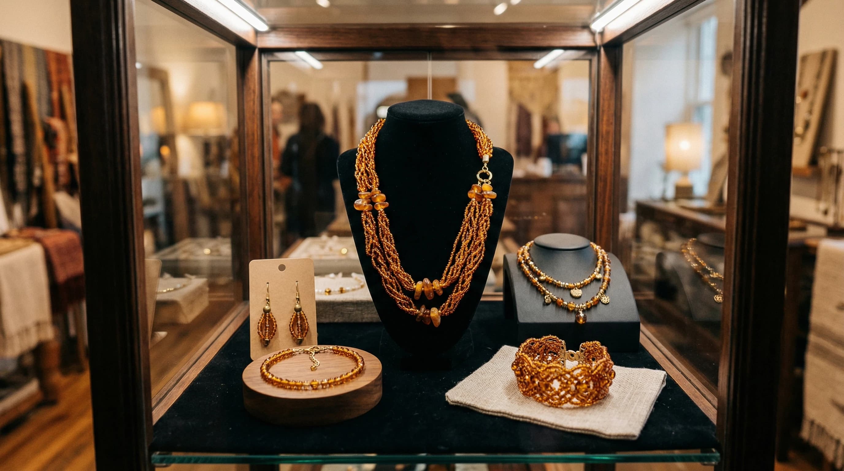 Amber-toned jewelry display for Amber Core collection