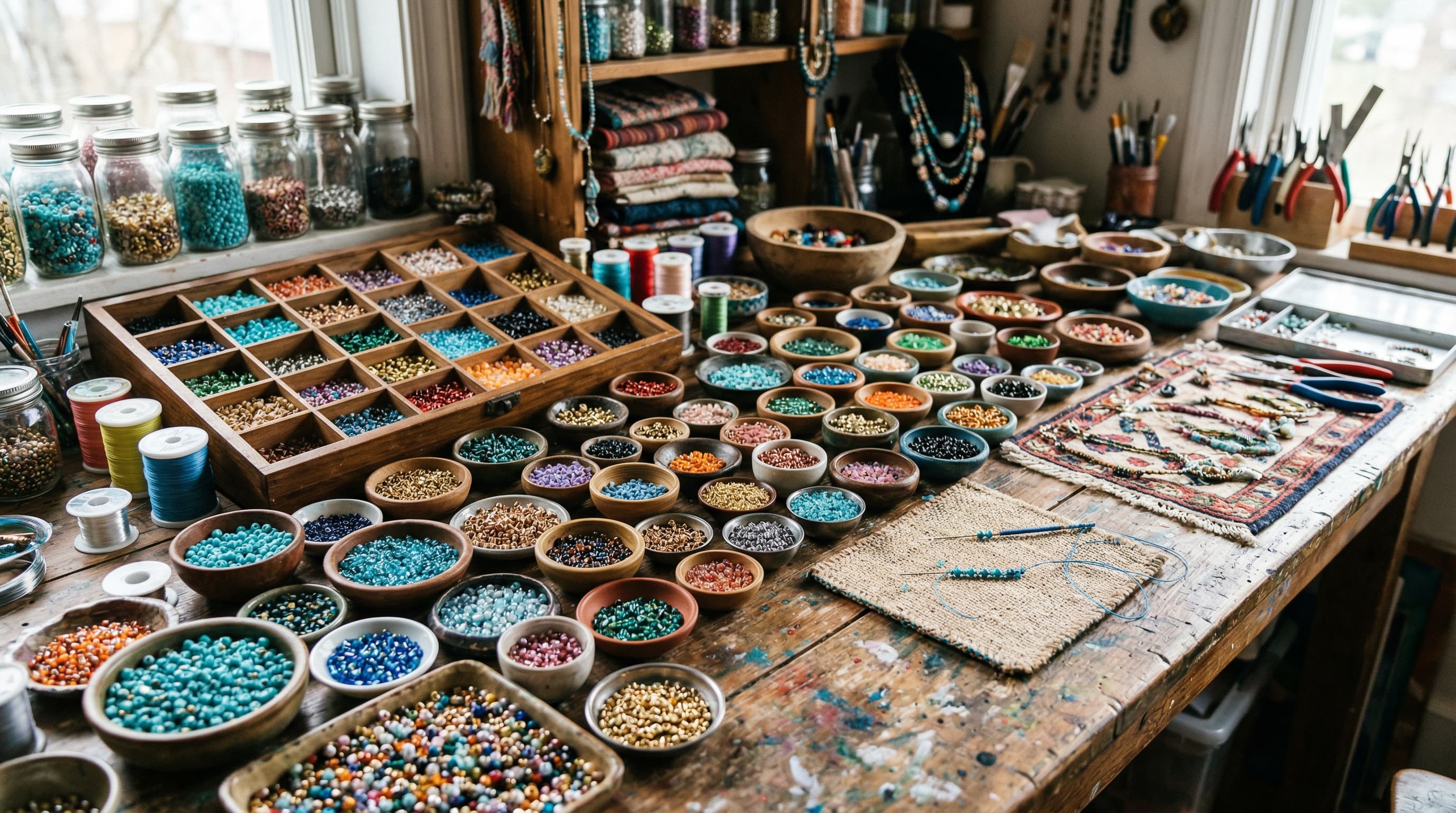 Yeni Nesil Boncuk studio table with tools and bowls full of beads