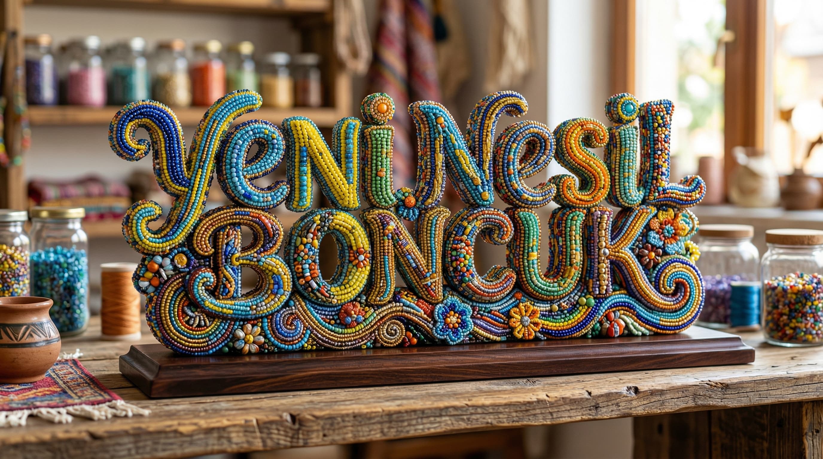 Yeni Nesil Boncuk bead-crafted sign
