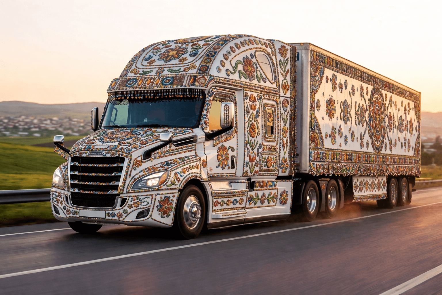 Trade distribution image showing a beaded-pattern truck on the road